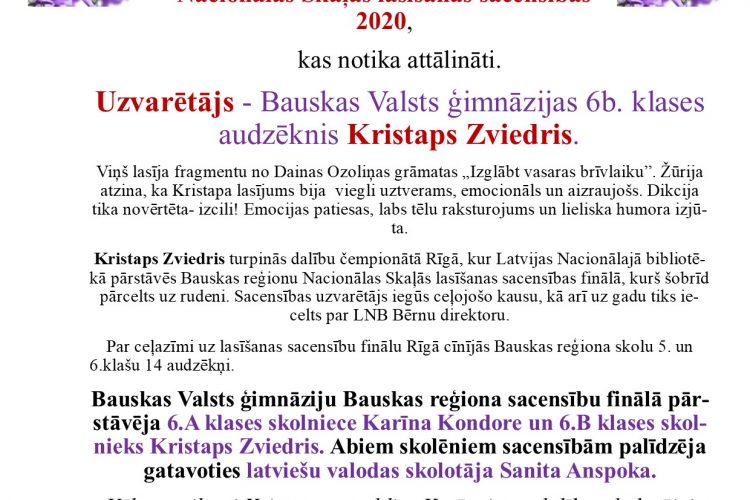 panākumi “Nacionālās Skaļās lasīšanas sacensībās 2020”